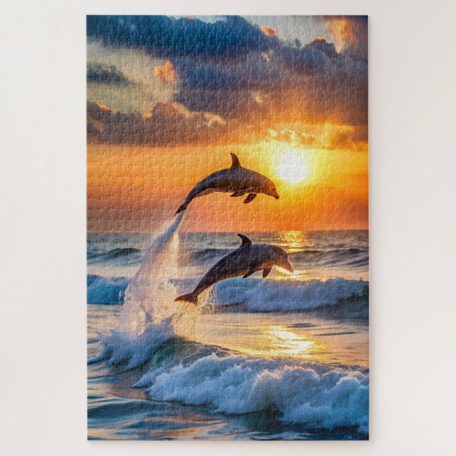 Dolphins at sunset jumping jigsaw puzzle (Vertical)