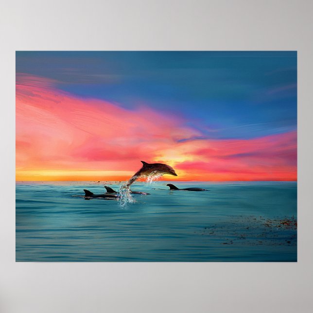 Dolphins Beach Sunset Fantasy Art Poster (Front)