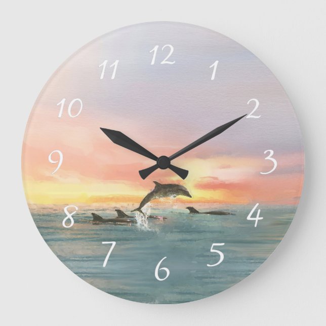 Dolphins Beach Sunset Ocean Seascape Watercolor Large Clock (Front)