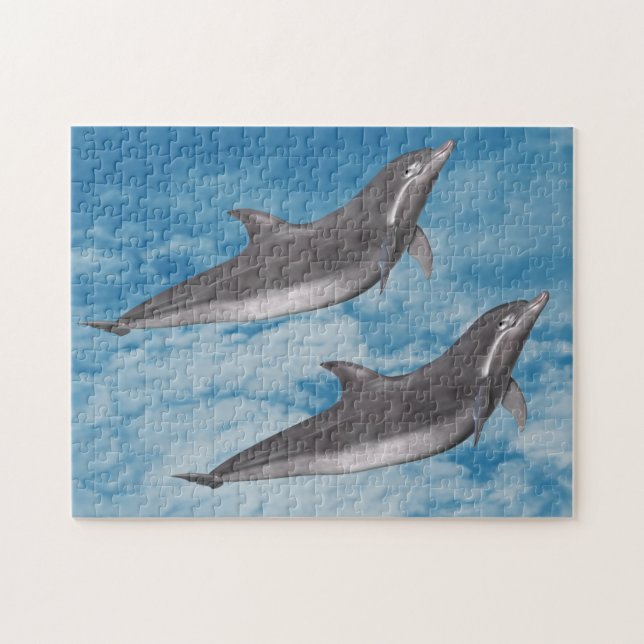 Dolphins Blue Sky White Clouds Nature Fantasy Jigsaw Puzzle (Horizontal)
