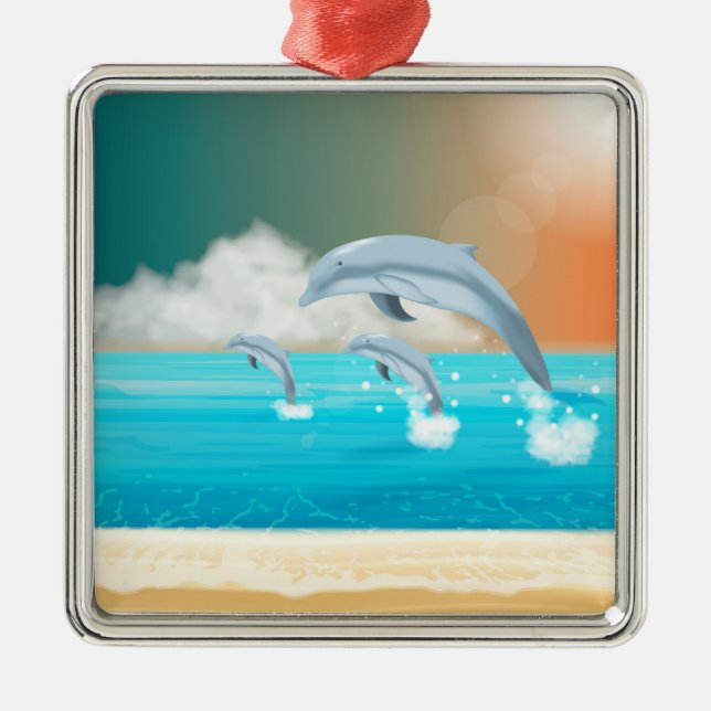 dolphins breaching in the ocean       metal tree decoration (Front)