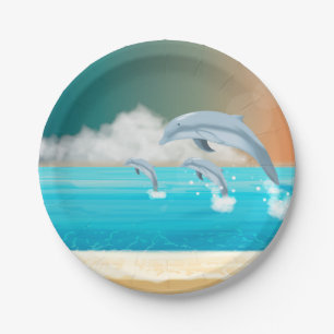 dolphins breaching in the ocean        paper plate