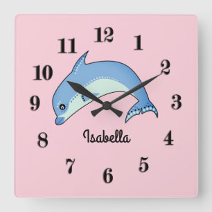 Dolphins cartoon cute kids illustration personaliz square wall clock