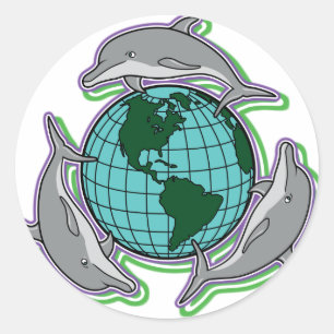 Dolphins Circling Earth: "Earth Day is Every Day" Classic Round Sticker