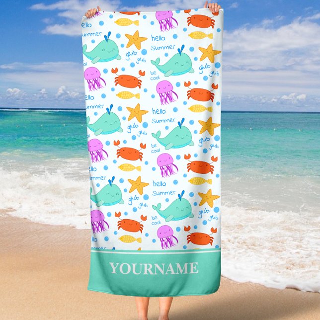 Dolphins, Crabs, Octopus and Starfish Custom Name Beach Towel (Creator Uploaded)