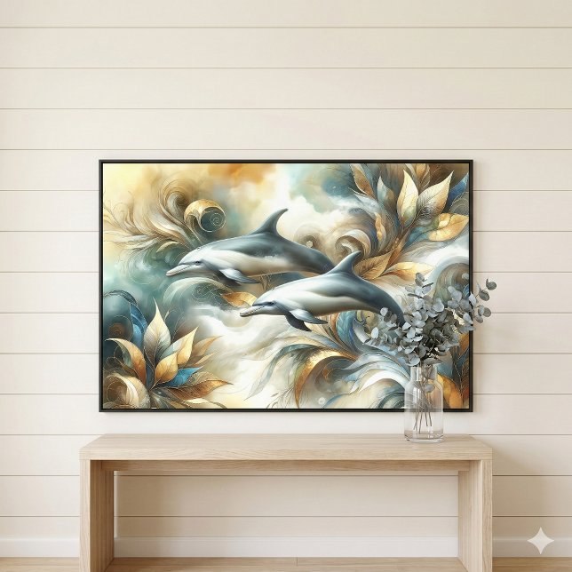 Dolphins Golden Botanical Dreamscape Canvas Print (Dolphins Golden Botanical Dreamscape Canvas Print Mockup A)