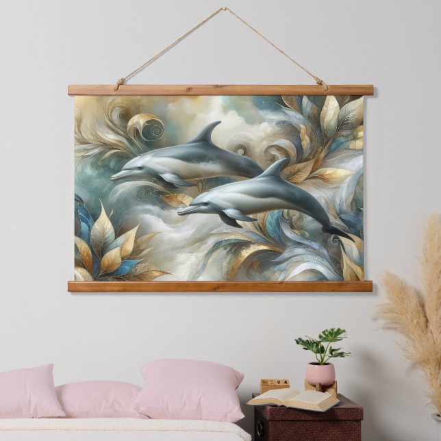 Dolphins Golden Botanical Dreamscape Hanging Tapestry (Bedroom)