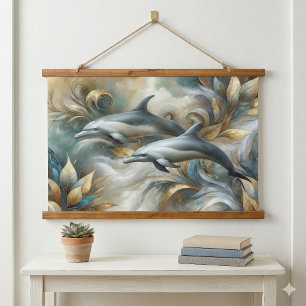 Dolphins Golden Botanical Dreamscape Hanging Tapestry