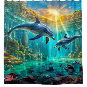 Dolphins in Atlantis Design by Rich AMeN Gill Shower Curtain