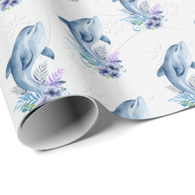 Dolphins In Flowers Wedding Wrapping Paper (Roll Corner)