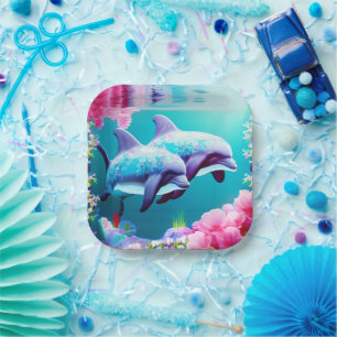 Dolphins In Ocean Life with Flowers      Paper Plate