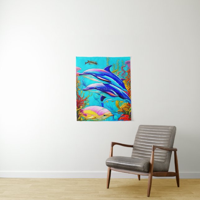 Dolphins in Ocean with Beautiful Coral Reef Design Tapestry (In Situ)