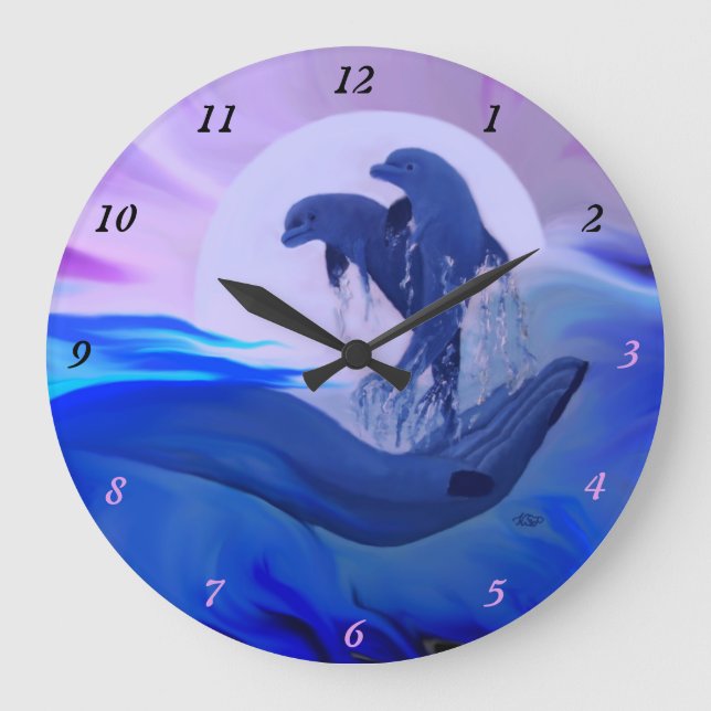 Dolphins in the moonlight large clock (Front)