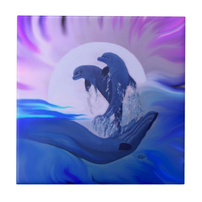 Dolphins in the Moonlight Tile (Front)