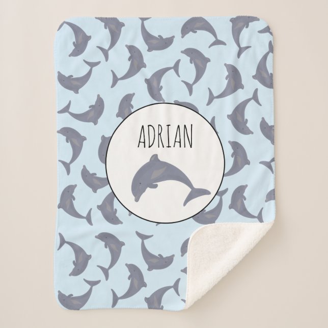 Dolphins in the Sea Pattern Sherpa Blanket (Front)