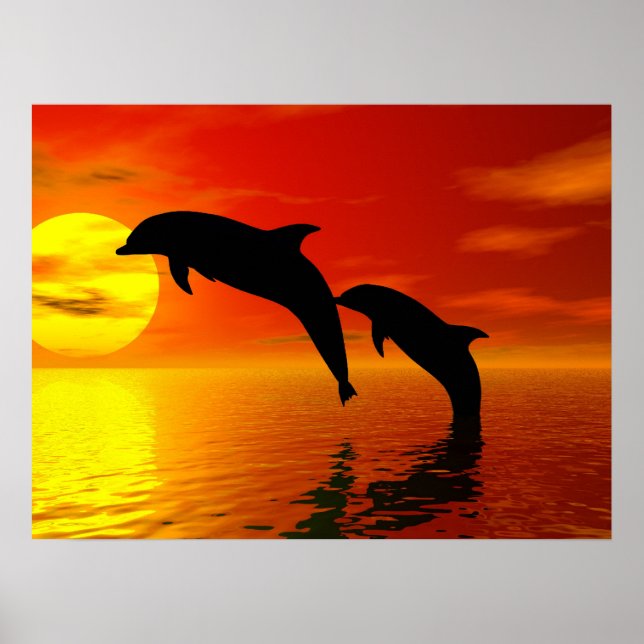 Dolphins Jumping Sunset Poster (Front)