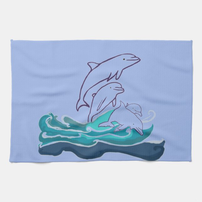 Dolphins jumping waves Tea Towel 40.6 cm x 61 cm (Horizontal)