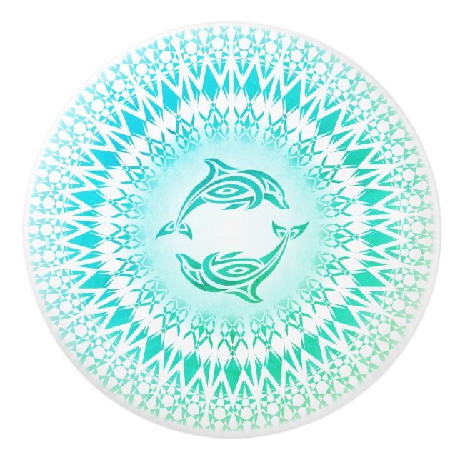Dolphins Mandala Aqua Green White Nautical Ceramic Knob (Front)