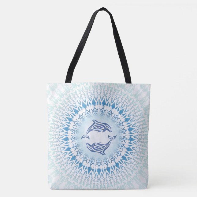 Dolphins Mandala Blue White Maritime Tote Bag (Front)