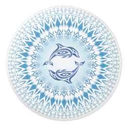 Dolphins Mandala Blue White Nautical Ceramic Knob