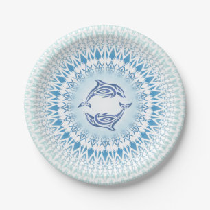 Dolphins Mandala Blue White Nautical Paper Plate
