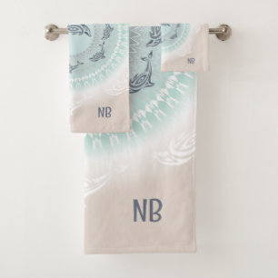 Dolphins Mandala Pale Blue Taupe Coastal Bath Towel Set