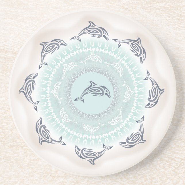 Dolphins Mandala Pale Blue Taupe Maritime Coaster (Front)