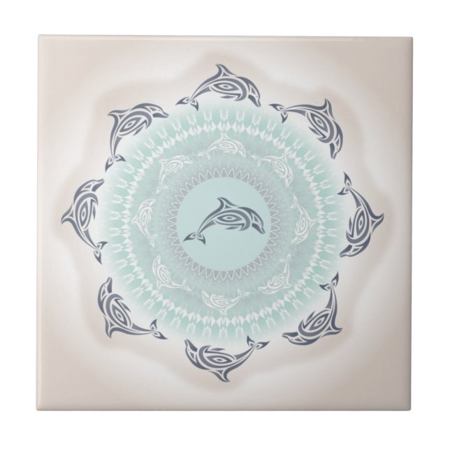 Dolphins Mandala Pale Blue Taupe Tile (Front)