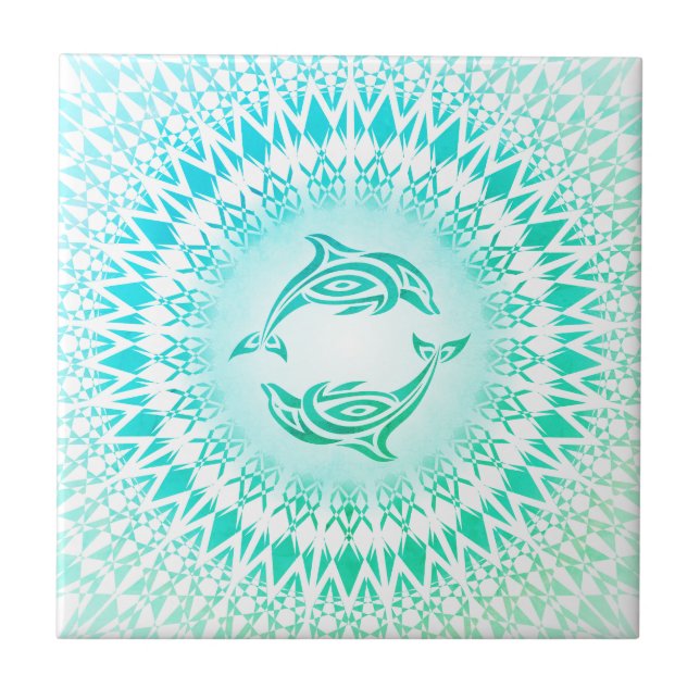 Dolphins Mandala Turquoise Green White Tile (Front)