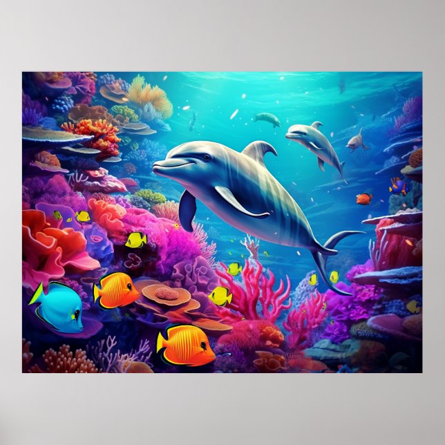 Dolphins on a coral reef, marine life poster (Front)