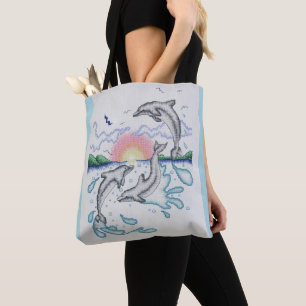 Dolphins Playing Sunrise Ocean Beach Sunset Tote Bag