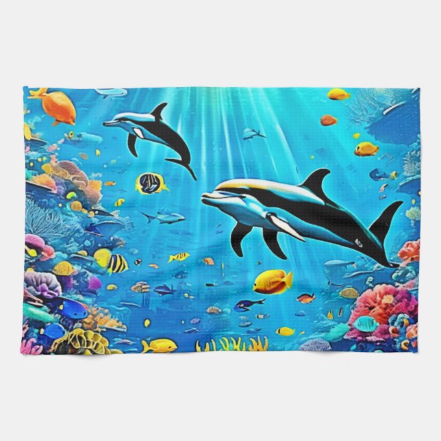 Dolphins & Reef: Underwater Joy Tea Towel (Horizontal)