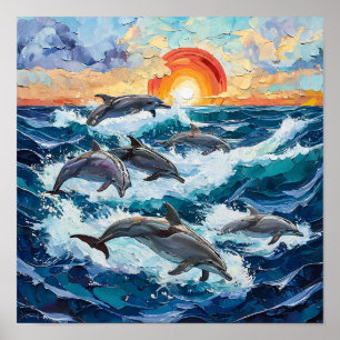 Dolphins Seascape Oil Painting Ocean Wave 🐬🌊🎨 Poster