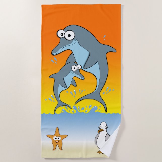 Dolphins Starfish and Seagull Ocean Beach Towel (Front)