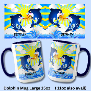 Dolphins & Sun Personalize Add Your Name Blue 15oz Mug