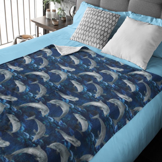 Dolphins Swimming in Ocean with Fish Fleece Blanket (Snuggle with dolphins on a cozy evening.)