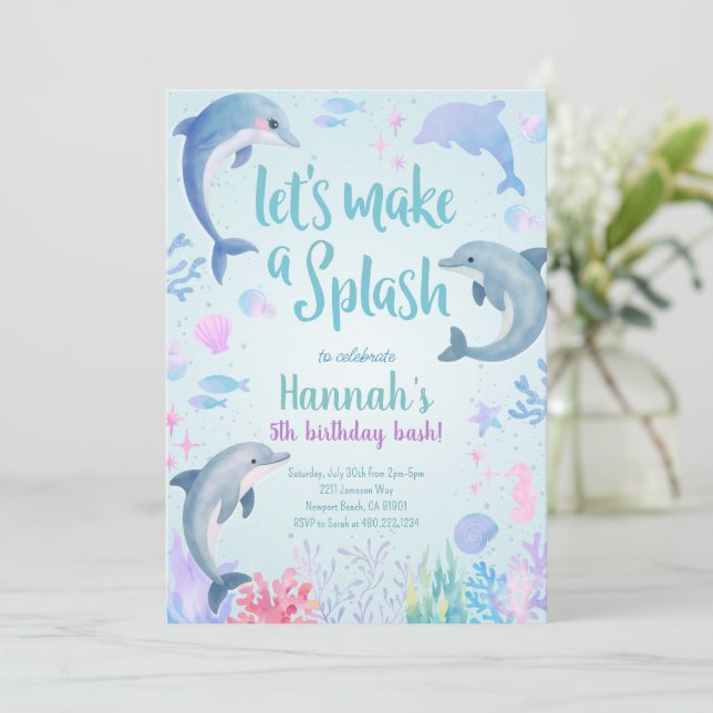 Dolphins Under The Sea Birthday Invitation (Standing Front)
