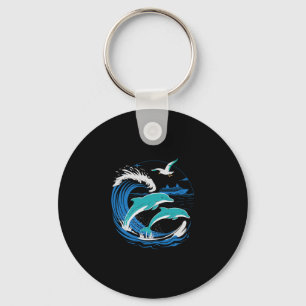 Dolphins With Cruise Ship On The Seas Retro Shirt Key Ring