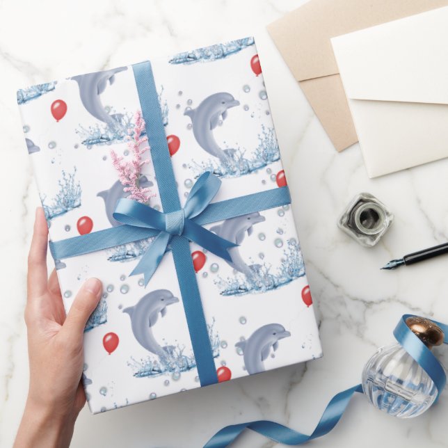Dolphins With Red Balloon and Bubbles Wrapping Paper (Gifting)