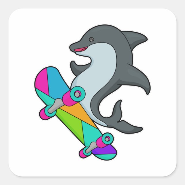 Dolpin as Skater with Skateboard Square Sticker (Front)