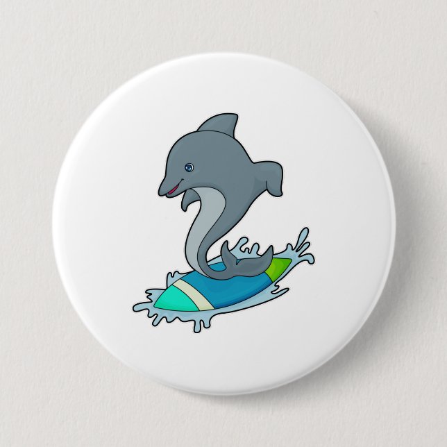 Dolpin as Surfer with Surfboard 7.5 Cm Round Badge (Front)