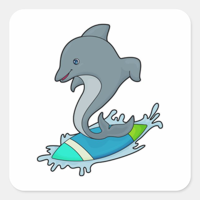 Dolpin as Surfer with Surfboard Square Sticker (Front)