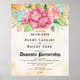 "Domestic Partnership" Floral Wedding Certificate Poster