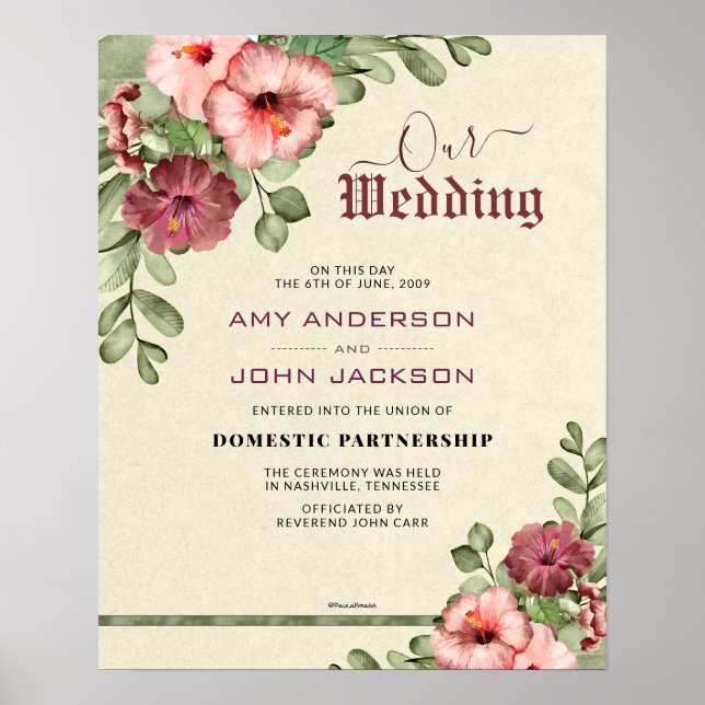 "Domestic Partnership" floral Wedding Certificate Poster (Front)