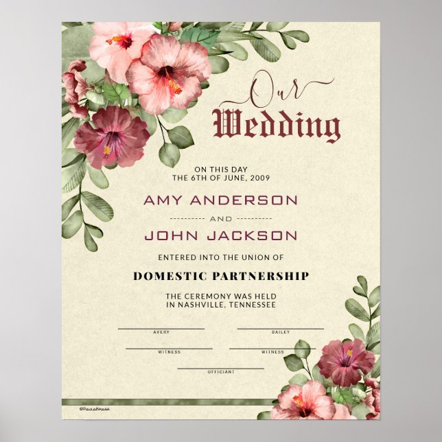 "Domestic Partnership" floral Wedding Certificate Poster (Front)