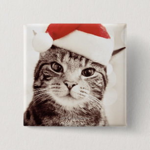 Domestic tabby cat wearing red Christmas hat 15 Cm Square Badge