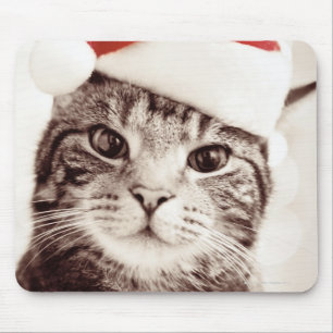 Domestic tabby cat wearing red Christmas hat Mouse Mat