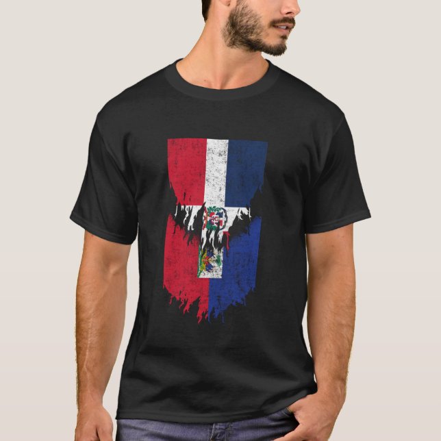 Dominican Haitian Flags Ripped Torn Dominican Repu T-Shirt (Front)