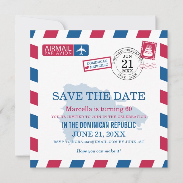 Dominican Republic Airmail Birthday Celebration Save The Date (Front)