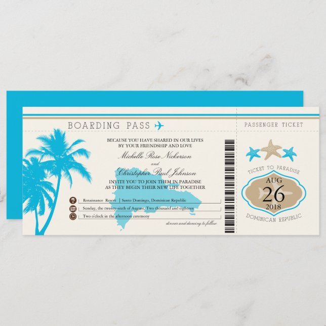 Dominican Republic Boarding Pass Palm Trees Invitation (Front/Back)